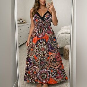 Y2K Long Maxi Dress Spaghetti Straps Boho Celestial Bright Multicolour‎ Hippie S